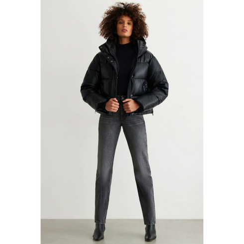 Dynamite Short Faux Leather Puffer Jacket, Jet Black