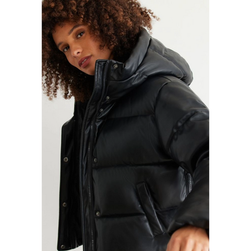 Dynamite Short Faux Leather Puffer Jacket, Jet Black