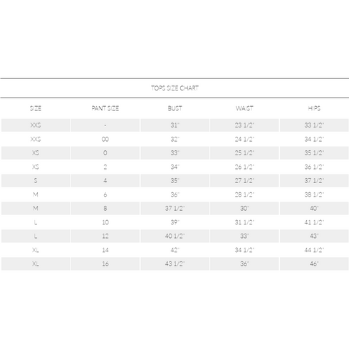 Dynamite Tops Size Chart