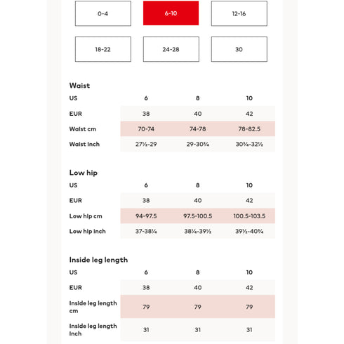 H&M Size Chart, US 6-8