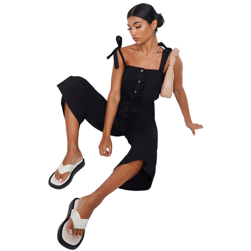 PrettyLittleThing Black Tie Strap Pocket Detail Culotte Jumpsuit | 8 US