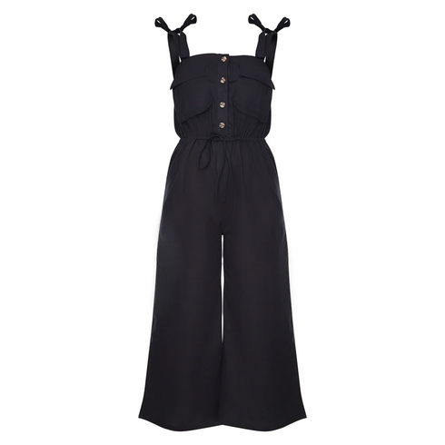 PrettyLittleThing Black Tie Strap Pocket Detail Culotte Jumpsuit | 8 US