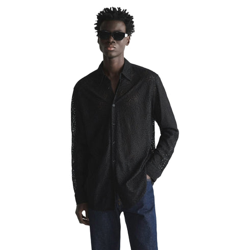 Zara Men's Textured Crochet Black Long Sleeve Shirt | M