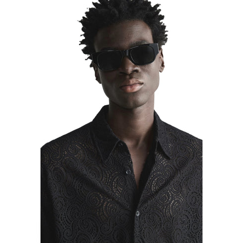Zara Men's Textured Crochet Black Long Sleeve Shirt | M