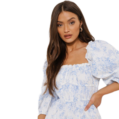 Boohoo Porcelain Print Puff Sleeve Ruched Romper