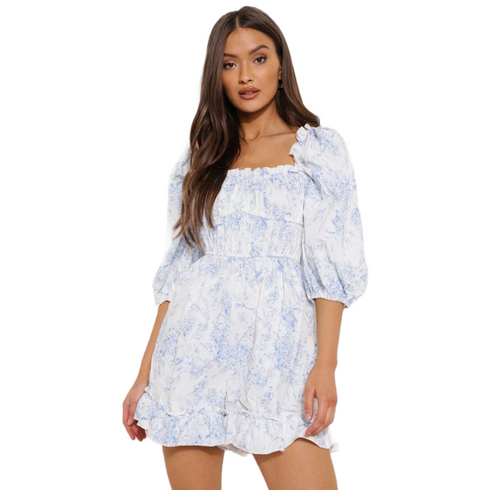 Boohoo Porcelain Print Puff Sleeve Ruched Romper