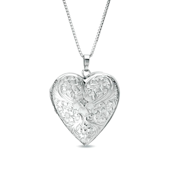 Diamond Accent Floral Heart-Shaped Locket in Sterling Silver