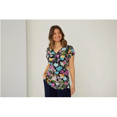 Nina Leonard Printed V-Neck Top with Exposed Zipper