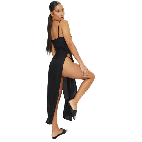 PrettyLittleThing Black Cotton High Leg Split Maxi Beach Dress