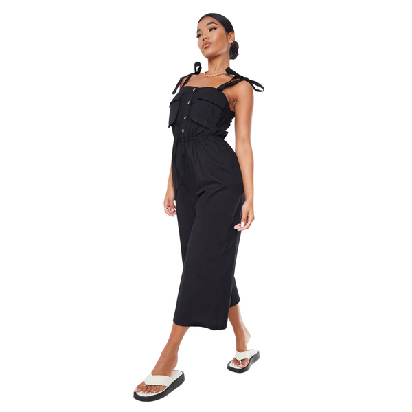 PrettyLittleThing Black Tie Strap Pocket Detail Culotte Jumpsuit | 8 US