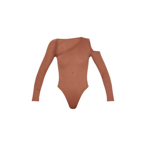 PrettyLittleThing Brown Rib Cut Out Longsleeve Bodysuit | 8 US