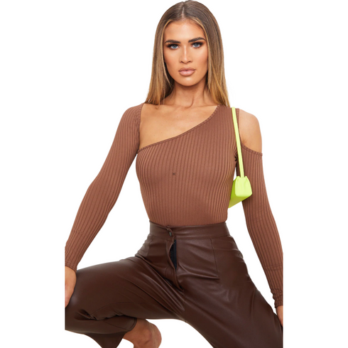 PrettyLittleThing Brown Rib Cut Out Longsleeve Bodysuit | 8 US