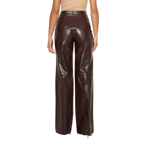 PrettyLittleThing Chocolate Faux Leather Pleat Detail Wide Leg Pant | 6 US