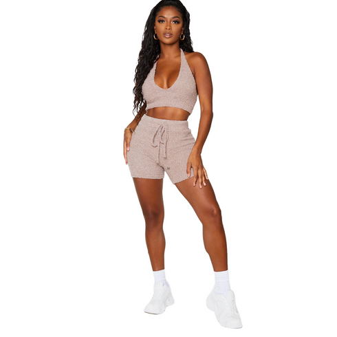 PrettyLittleThing Shape Mocha Fluffy Knit Shorts | S