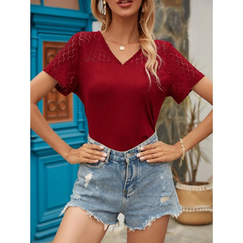 SHEIN Contrast Lace V Neck Tee | M