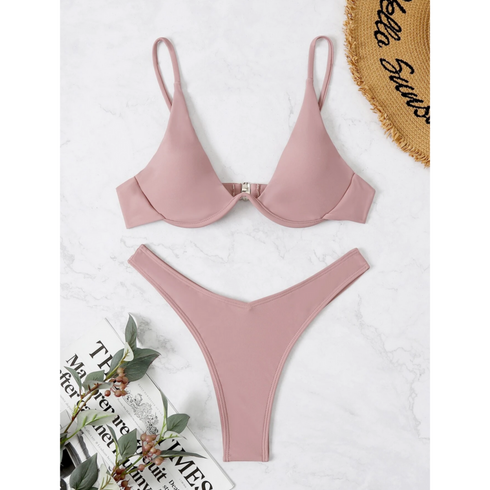 Shein Solid Underwire High Cut Bikini Swimsuit | XS