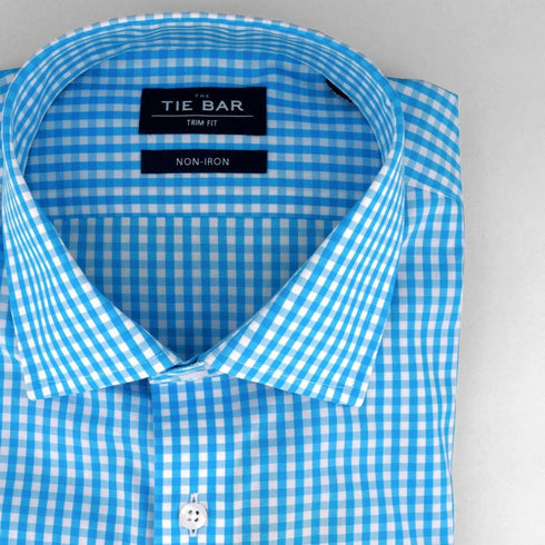 Tie Bar Gingham Aqua Non-Iron Dress Shirt | M