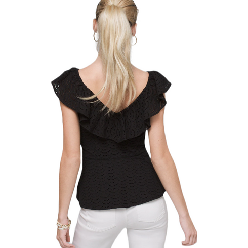 WHBM Black Eyelet Ruffle Top | S