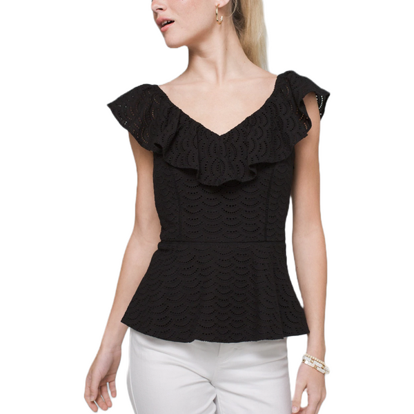 WHBM Black Eyelet Ruffle Top | S